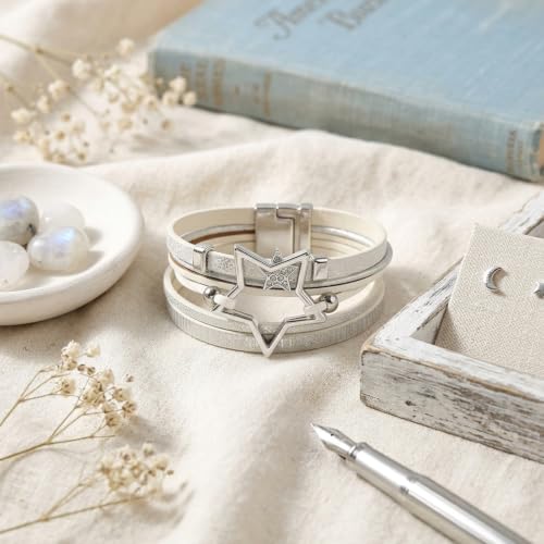 Leather Wrap Bracelets for Women Boho Layered Cuff Bracelets Bling Bohemian Jewelry - color: White