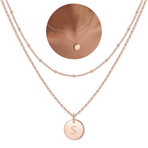 IEFWELL Initial Necklaces for Women Girls, Disc Letter A-Z Layered Necklace | Disc Necklaces for Women Girls, 14K Gold Plated, Double Side Engraved Coin Necklaces, Jewelry Birthday Gifts for Teen Girls - color: Rose Gold, size: 14"+2"/16"+2", style: S