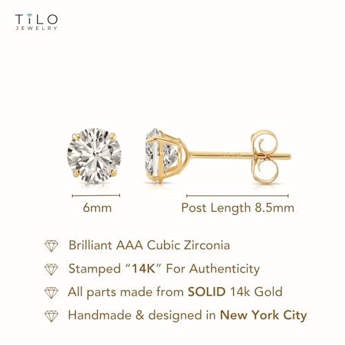 14k Yellow Gold Solitaire Round Cubic Zirconia Stud Earrings - Pushbacks - style: 6mm