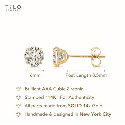 14k Yellow Gold Solitaire Round Cubic Zirconia Stud Earrings - Pushbacks - style: 6mm