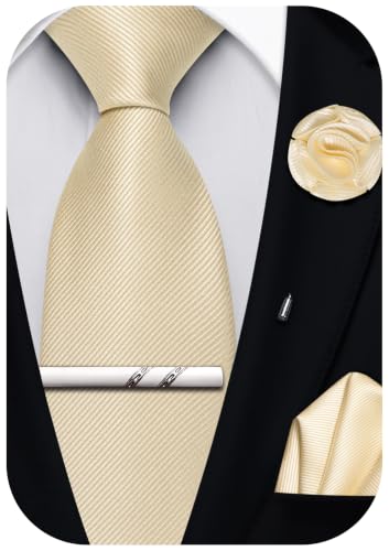 Solid Color Tie and Pocket Square with Tie Clip Lapel Pin Silk Formal Necktie Set Wedding Formal - color: Light Yellow