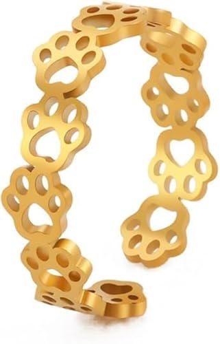 Fashionable and Cute Hollow Cat Claw Footprint Stainless Steel Open Ring Female Creative Couple Ring Animal Jewelry - color: golden