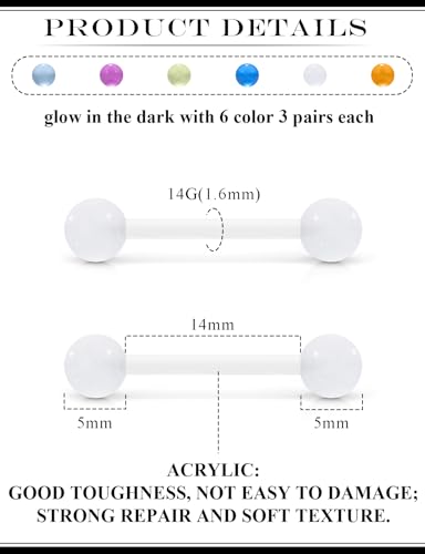 14G Glow in Dark Bioflex Flexible Acrylic Nipple Tongue Rings Piercing Jewelry Retainer 14 Gauge Plastic Straight Barbell Tongue Nipple Piercing Jewelry For Women Men 14MM 16MM Bar - size: 14G-14MM Bar