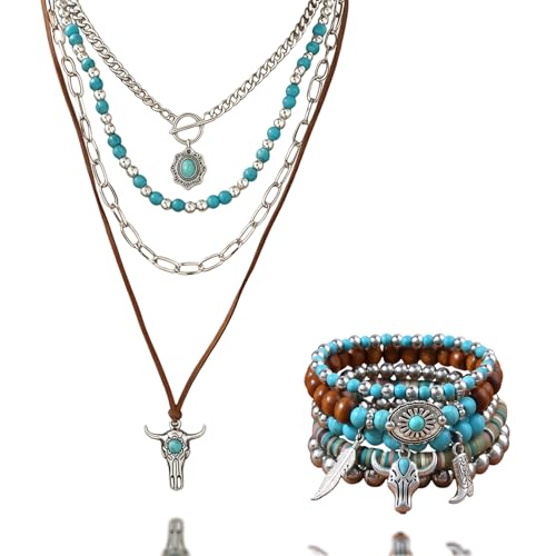 Western Jewelry Sets for Women Boho Jewelry, Layer Bohemian Necklace Earrings Bracelet, Cowgirl Accessory Rodeo Summer Beach - color: Blue,Brown