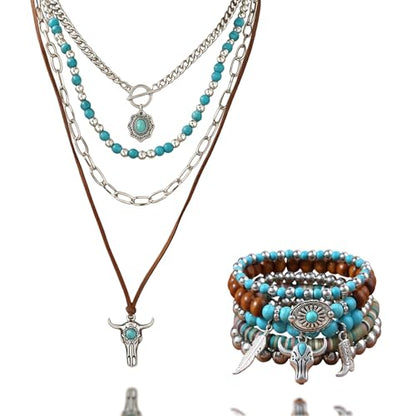 Western Jewelry Sets for Women Boho Jewelry, Layer Bohemian Necklace Earrings Bracelet, Cowgirl Accessory Rodeo Summer Beach - color: Blue,Brown