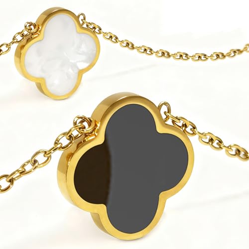 Four Leaf Clover Necklace 18K Gold Plated Necklaces for Women Lucky Flower Pendant Adjustable Link Chain Stainless Steel Dainty Trendy Simple Jewelry Gifts for Women - color: 1G-Single Black+White