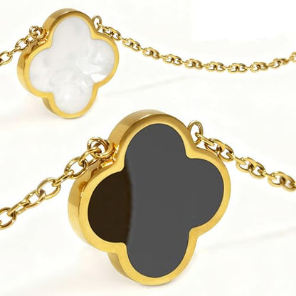 Four Leaf Clover Necklace 18K Gold Plated Necklaces for Women Lucky Flower Pendant Adjustable Link Chain Stainless Steel Dainty Trendy Simple Jewelry Gifts for Women - color: 1G-Single Black+White