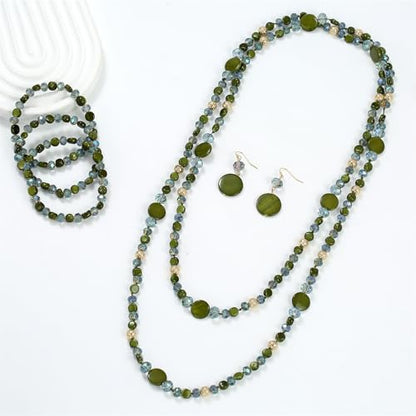 Trendy Infinity Wrap 60’’ Long Statement Necklace, Earrings and Bracelet Set - Hand Knotted Versatile Crystal and Shell Beads Strand Necklace and Chunky Beaded Stretch Bracelet Stack – Jewelry Set Gift for Women - color: Olive Green