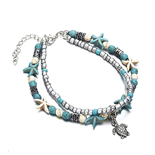 Softones Blue Starfish Turtle Anklet Multilayer Charm Beads Sea Handmade Boho Anklet Foot Jewelry for Women - style: A:Turtle 1
