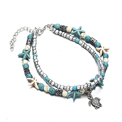 Softones Blue Starfish Turtle Anklet Multilayer Charm Beads Sea Handmade Boho Anklet Foot Jewelry for Women - style: A:Turtle 1