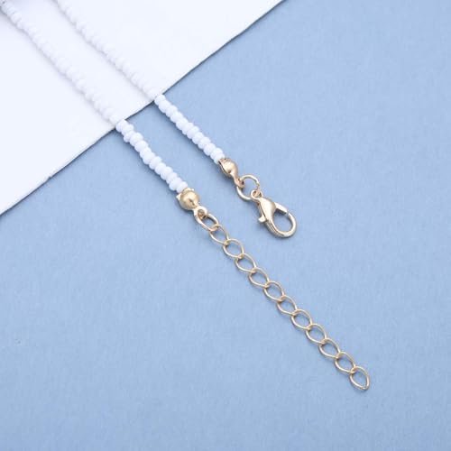 Andelaisi Boho Seed Bead Necklace Vintage Rice Bead Chain Necklace Tiny Ball Chain Choker Single Pearl Collar Hawaiian Beach Collarbone for Women (White)