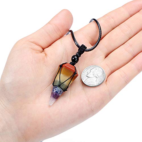 Top Plaza Mens Necklace, Crystal Gemstone Protection Pendant Necklace | Healing Crystals Necklace for Men Adjustable 6 Facet Pointed Necklace Energy Natural Quartz Protect Jewelry Gifts - color: 7 Chakra