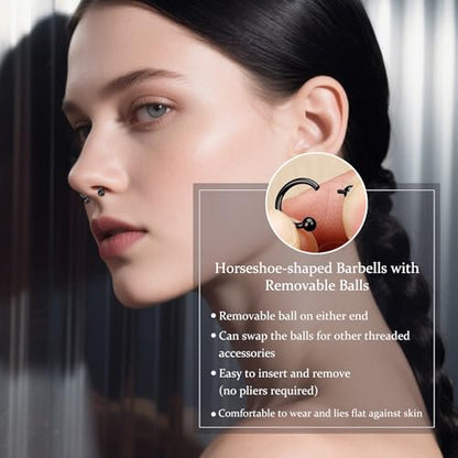 D.Bella 16G Horseshoe Septum Ring Surgical Steel Nose Hoop CZ Earring Eyebrow Lip Tragus Helix Daith Piercing Jewelry for Women Men 8-12mm - color: black