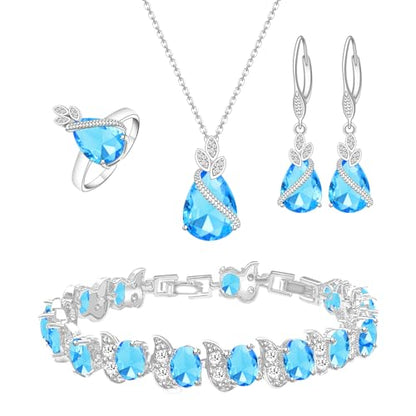 GZWHD Jewelry Set for Women CZ Earrings Necklace Ring Bracelet Set Prom Party Wedding Jewelry Gift for Mother Friend Wife - color: A-Sky Blue