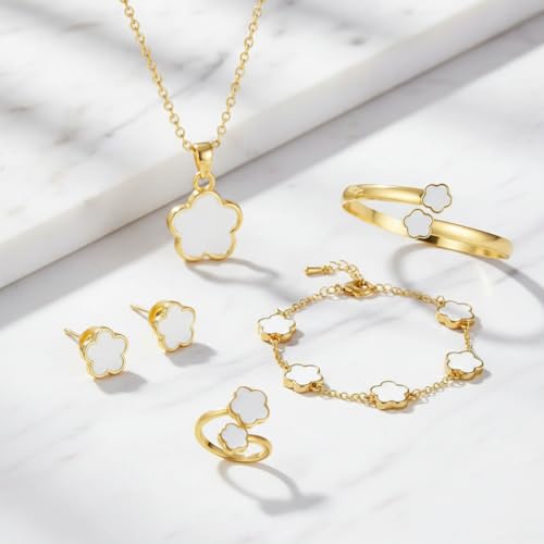 Clover Jewelry Set for Women Non Tarnish Gold-Tone Five Leaf Clover Necklace, Earrings, Ring, Bracelet Fashion Simple Floral Jewelry Set - color: White