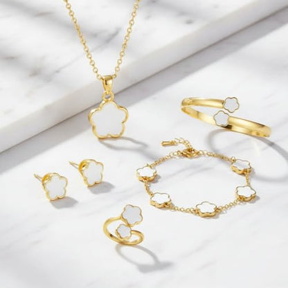Clover Jewelry Set for Women Non Tarnish Gold-Tone Five Leaf Clover Necklace, Earrings, Ring, Bracelet Fashion Simple Floral Jewelry Set - color: White