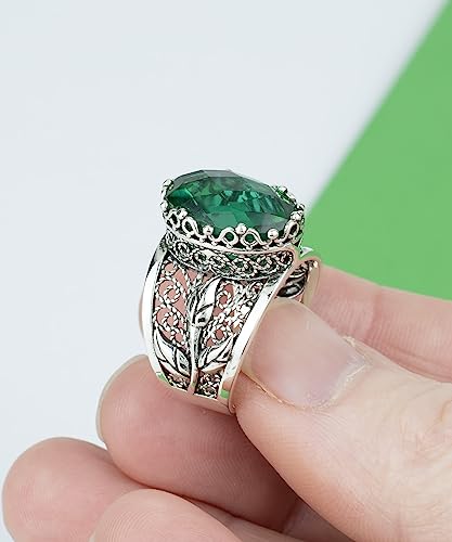 Filigranist 925 Sterling Silver Filigree Art Lace Embroidery Tulip Detailed Gemstone Women Cocktail Ring, Luxurious Gift Boxed - color: Emerald