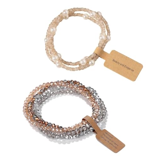 Boho Crystal Glass Beaded Stretch Bracelet Set, Stackable Multilayer with Faux Pearl, Handmade Friendship Jewelry for Women - color: Khaki