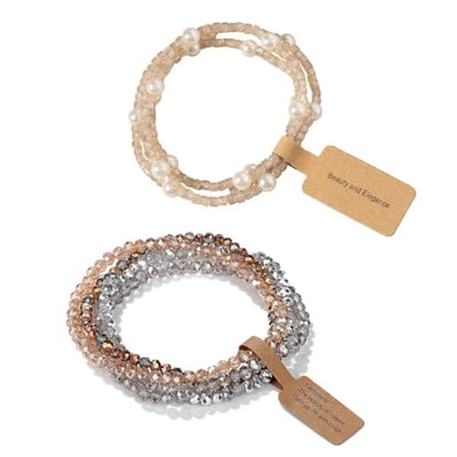 Boho Crystal Glass Beaded Stretch Bracelet Set, Stackable Multilayer with Faux Pearl, Handmade Friendship Jewelry for Women - color: Khaki