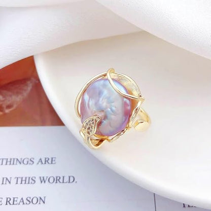 GIGB PBDK Gold Plated Baroque Pearl Ring for Women Fashion Chunky Irregular Pearl Knuckle Statement Ring Minimalist Promise Ring Bridal Wedding Charm Jewelry - color: Gold2