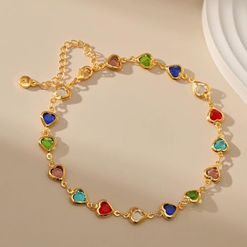 Ankle Bracelets for Women 18K Gold Plated Anklet for Women Gold Charm Anklet Waterproof Summer Beach Foot Chain Jewelry Gifts - style: ﻿heart colorful cubic zirconia