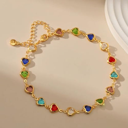 Ankle Bracelets for Women 18K Gold Plated Anklet for Women Gold Charm Anklet Waterproof Summer Beach Foot Chain Jewelry Gifts - style: ﻿heart colorful cubic zirconia
