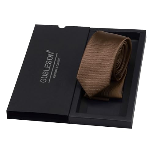 GUSLESON 2.4" Slim Necktie and Handkerchief Set For Men Solid Skinny Tie Set - color: Dark Brown