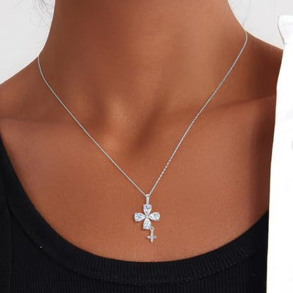 14K Gold Plated | 14K Platinum Plated Necklace for Women Necklace Earrings Set with Sparkling Zircon Inlay and Silver Post Earrings - color: Cross fringe set silver