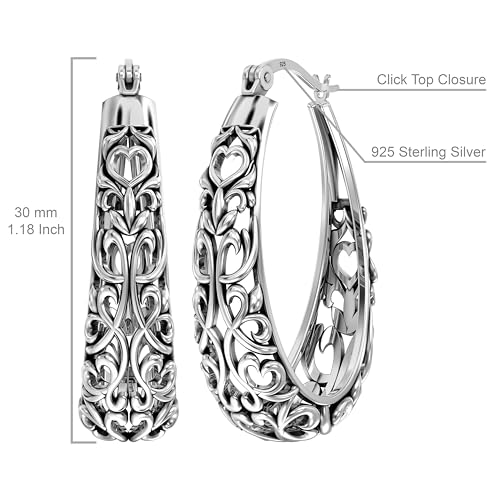 LeCalla 925 Sterling Silver Hoop Earrings | Women's Filigree Hoop Earrings | Openwork Mesh Filigree Cut Earring | Lightweight & Hypoallergenic Vintage Hoop Earrings for Women - style: Antique Vintage Filigree