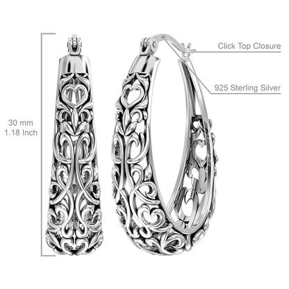 LeCalla 925 Sterling Silver Hoop Earrings | Women's Filigree Hoop Earrings | Openwork Mesh Filigree Cut Earring | Lightweight & Hypoallergenic Vintage Hoop Earrings for Women - style: Antique Vintage Filigree