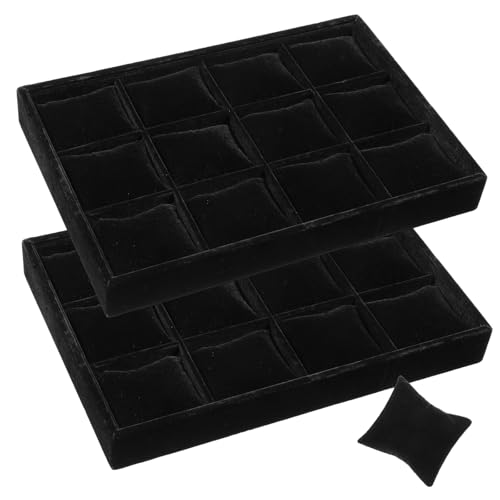 2 Pack 12 Grid Velvet Watch Tray Organizer with Removable Pillows - Stackable Bracelet & Bangle Display Holder for Drawer, Store, or Travel - Black - color: Black