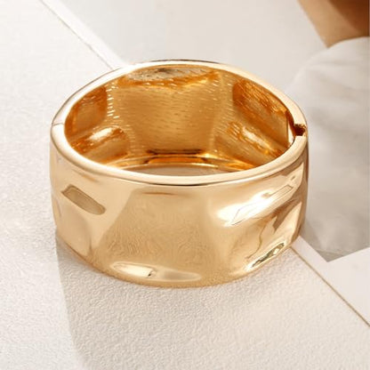 Golden Polished Chunky Twisted Hinged Waterdrop Bangle Bracelet for Women Spiraled Oval Bangle Bracelet - color: Gold Wide Hammered Statement Bangle