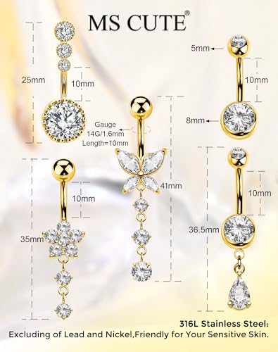 5PCS Belly Button Rings for Women Girls, 14G Surgical Steel Navel Rings Set, Gold & Silver CZ Dangle Body Piercing Jewelry - color: Gold-Butterfly