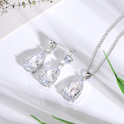 Wedding Jewelry Set for Bridesmaids - Sterling Silver Teardrop CZ Crystal Cubic Zirconia Rhinestone Diamond Bridal Necklace Earrings Set for Bride Mother of Bride Party Prom Birthstone Costume Jewelry - color: Apr-Diamond