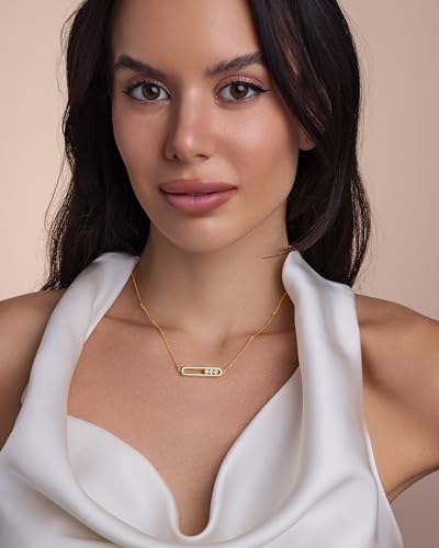 SNGIA 18K Gold Plated Stackable Adjustable Curved Horizontal Bar with CZ Pendant Necklace For Women by SNGIA, Dainty Drop Layered Trendy Birthstone Gemstone Charm Statement Jewelry Gifts, Bohemian Vintage Handmade Unique Cute Thin Skinny Dainty Chain Bead