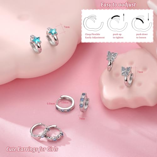 YADOCA Hypoallergenic Hoop Earrings For Girls Women Kids Toddler Earrings | Cute Small Huggie Hoop Earring Set Colorful Blue Pink CZ Cartilage Earring 10mm 4 Pairs Butterfly Star Wear While Sleeping - color: Blue