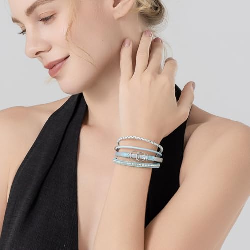 Chunky Boho Leather Wrap Bracelets Cowgirl Beaded Circle Western Jewelry | Stackable Infinity Layered Bohemian Magnetic Clasp Cuff Statement Fashion Colorful Country Hippie Outfits for Women Trendy - color: Teal