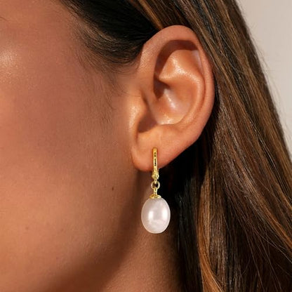 YOIHUR Drop Dangle Pearl Earrings for Women, Dainty 14K Gold Plated Pearl Hoop Earrings Hypoallergenic Wedding Pearls Dangle Earrings Jewelry Gift for Women Bridal - color: Gold-Pure Oriental Pearl Earrings