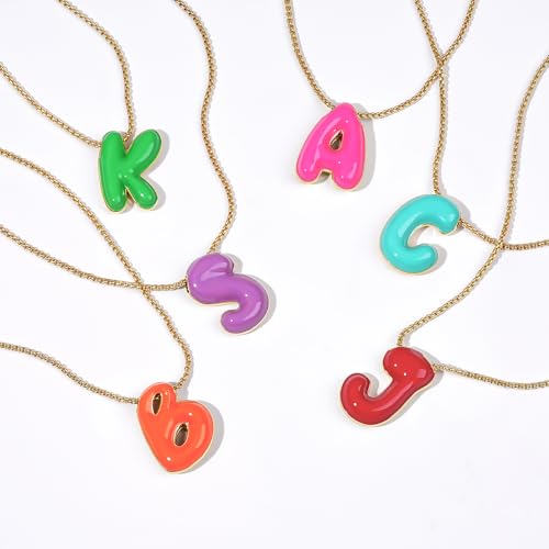 KissYan Bubble Letter Necklace for Women, Enamel Initial Necklaces(L-A) | Balloon Initial Pendant with 14K Gold Plated Link Chain, Multicolor Custom Alphabets Charm, Dainty Jewelry Gift