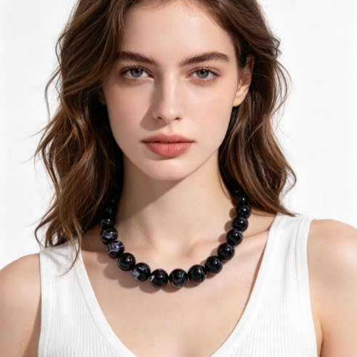 Chunky Beaded Necklace for Women Trendy Boho Collar Statement Necklace Large Round Resin Beads Choker Necklaces Summer Beach Jewelry Gifts - color: Black