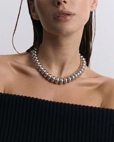 Chunky Beaded Necklace for Women Boho Statement Bead Necklace Adjustable Choker with Polished Disc/Square Beads Trendy Summer Beach Jewelry Gifts - color: Silver