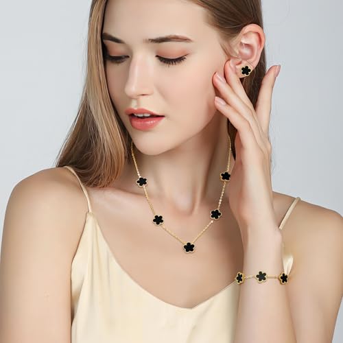 AmorArtSky Lucky Clover Jewelry Set - 18K Gold Plated Flower Design Five Leaf Bracelet, Necklace Pendant, Earrings for Women - Lucky Gifts for Mom, Wife, Daughter, Friends - style: Lucky Clover Jewelry Sets_Black