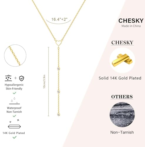 CHESKY Lariat Gold Necklace for Women, Dainty Long Necklace 14k Gold Plated Y-Shaped Pendant Necklace Trendy Layered CZ Beaded Chain Drop Necklaces Simple Gold Jewelry for Women Gifts - color: 10