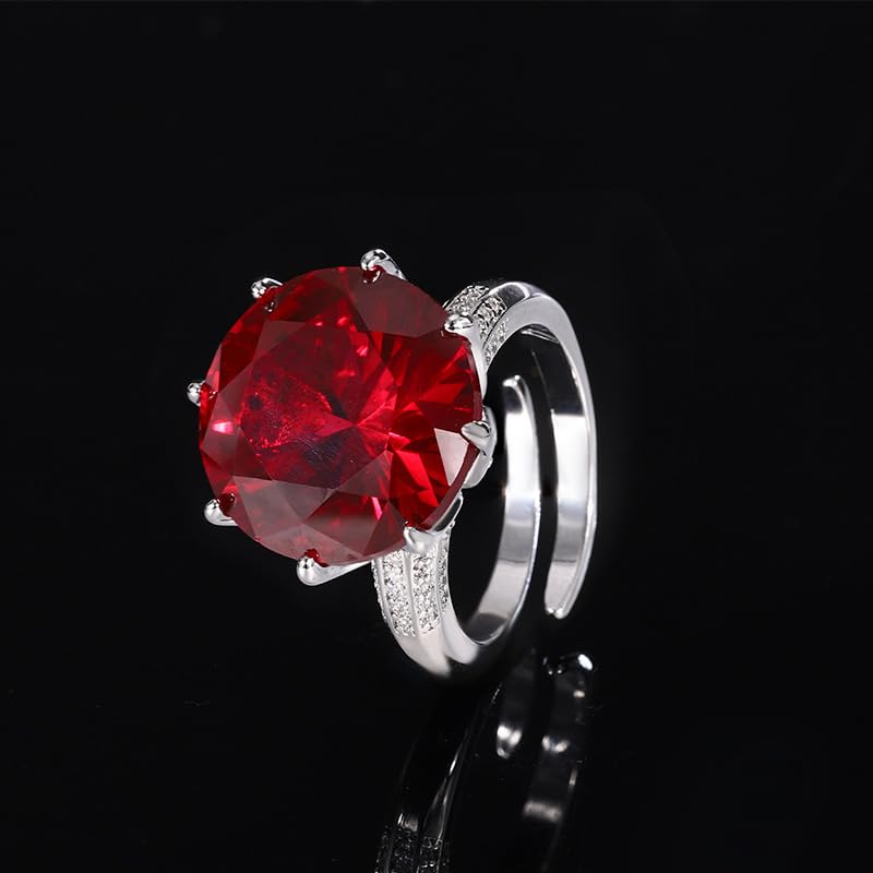 Large Round Gem 8-Prong Open Ring, 3 Colors Red Blue Aqua Green Triple Pave Silver Heavy Cocktail Ring for Women - color: red