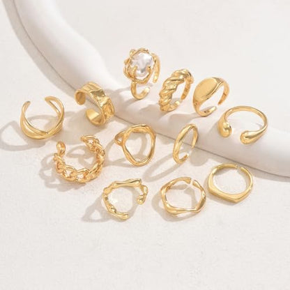 Airvess Gold Knuckle Rings for Women Trendy, Vintage Stackable Rings 14k Gold Plated Rings Sets Dainty Joint Finger Midi Ring Cute Rings Pack Festival Jewelry Gift - style: Chunky - 12 Pcs
