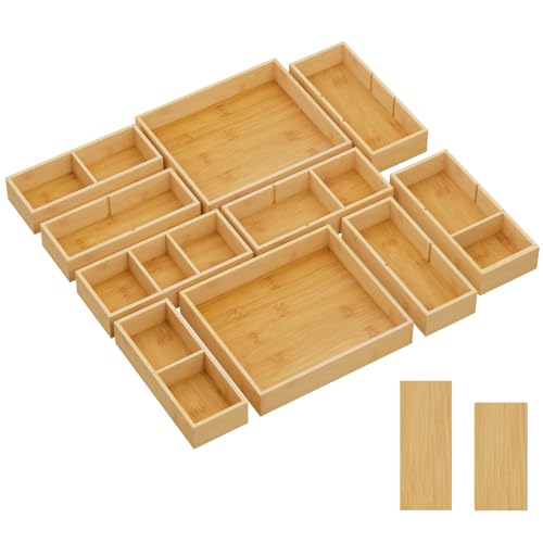 Lifewit Drawer Organizers 10 Pack(22 Grid) with 12 Inserts | Adjustable Bamboo Wooden Trays for Utensils, Silverware, Makeup, Kitchen, Bathroom, Office, Vanity Storage