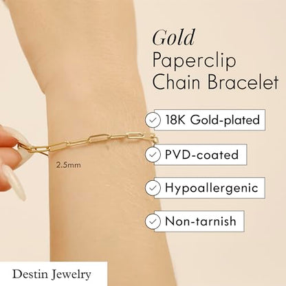 DESTIN Jewelry 18K Gold Plated Paperclip Chain Necklace, 2.5-6.5mm | Waterproof, hypoallergenic and tarnish-resistant adjustable stainless steel layering chain for women. - color: 18K Yellow Gold Plated Stainless Steel, size: 7", style: 2.5 MM