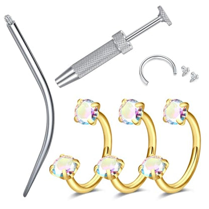 18G 20G Horseshoe Nose Rings Studs with Taper and Grabber | Surgical Steel Nose Ring Pink Cubic Zirconia Nose Piercing,Internally Threaded Nose Rings For Women,Colorful Zirconia - color: Gold-3PCS