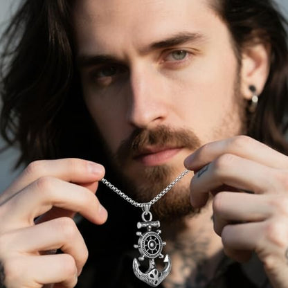 Stainless Steel Gothic Y2K Punk Rock Emo Biker Pendant Necklace | Cosplay Vintage Viking Alt Edgy Fashion Charm Necklace Jewelry for Men Women Active Daily Wear - style: Viking Ship Rudder Anchor