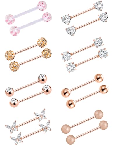 Akeoqi 8 Pairs Nipple Rings Tongue Ring 14G Stainless Steel CZ Ball Heart Butterfly Nipple Straight Barbells Body Piercing Jewelry for Women Men Silver Rose Gold Plated 14mm - color: A:Rose Gold, size: 14mm